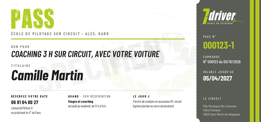 Spécimen de Pass 7'Driver nominatif : Coaching 3 heures au nom du titulaire