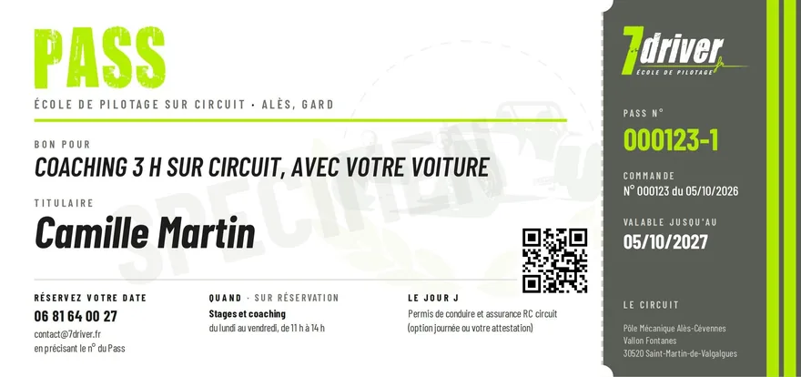 Spécimen de Pass 7'Driver nominatif : Coaching 3 heures au nom du titulaire