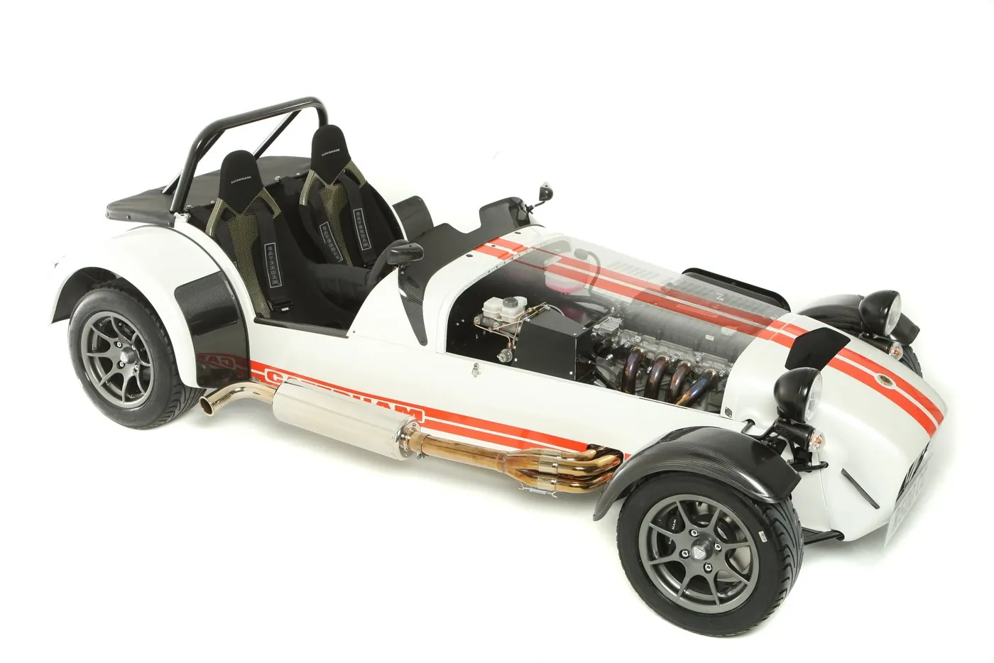 Caterham Super 7 en vue écorchée : châssis tubulaire, moteur, échappement et suspensions